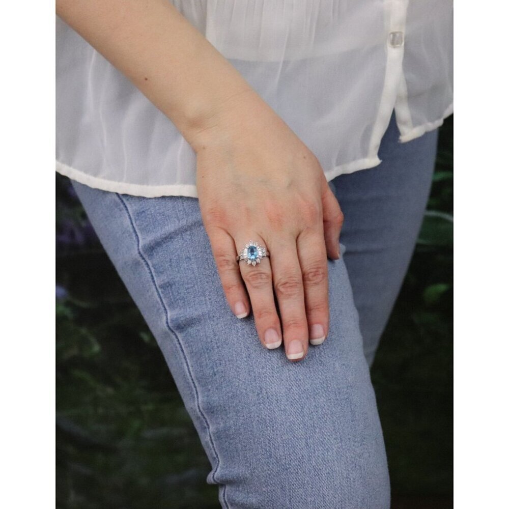 Sterling Silver Natural Blue Topaz and White Topaz Ring Ballerina Ring Size 7 - Picture 4 of 8
